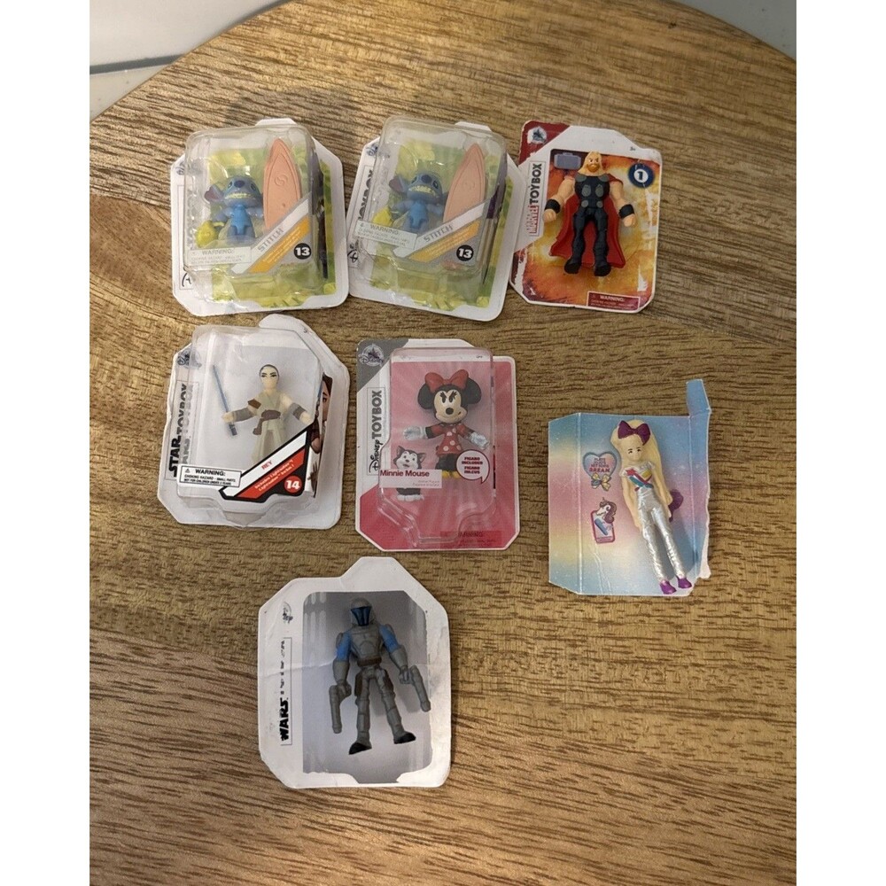 7 Miniature Action Figures Stitch,Thor,Rey, Minnie,Jo-jo, Jango Fett figure, New